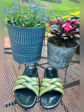 Seychelles Olive Green Braided Slide Sandals with Black Footbed